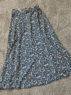 Altar'd State Teal Floral Midi Skirt with Pink Blooms